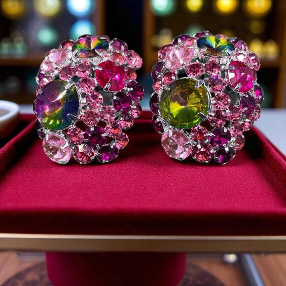 Multicolor Rhinestone Clip On Earrings Statement Glam Cocktail Jewelry - Picture 1 of 5